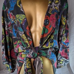 Poliana Plus Candy Skull  - Day of the Dead Front Tie Cardigan XL